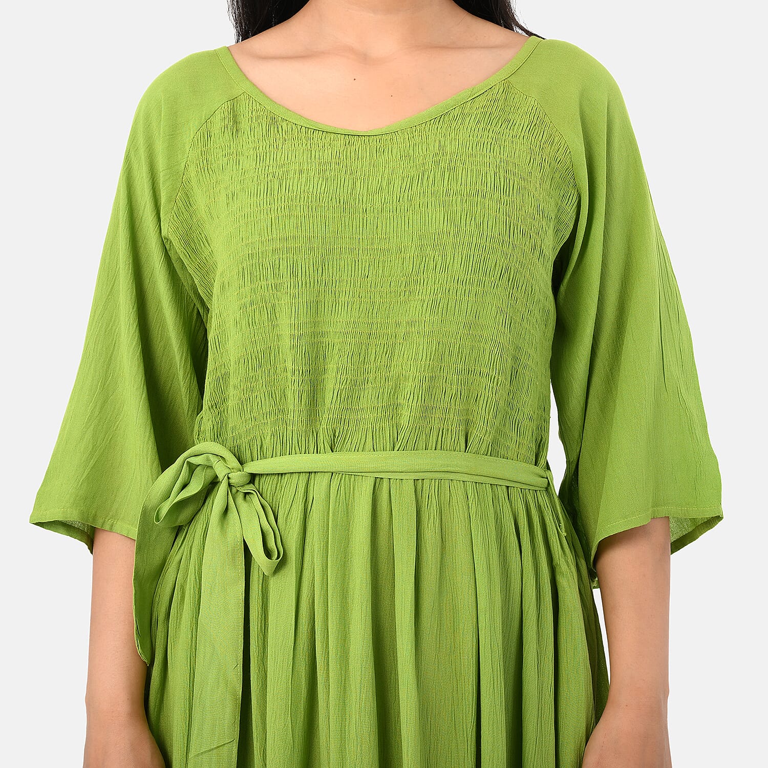 - Maisi Smocked Crepe Midi Dress with Waist Belt and Pockets (One Size) - Apple Green