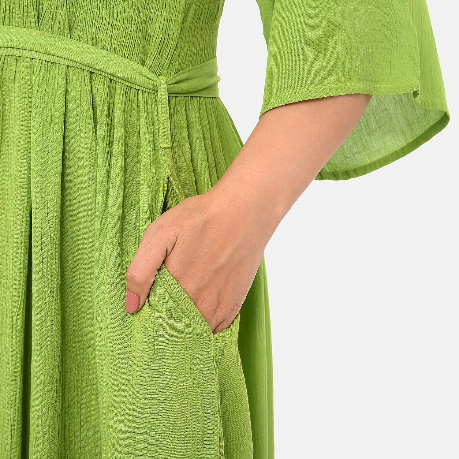 - Maisi Smocked Crepe Midi Dress with Waist Belt and Pockets (One Size) - Apple Green