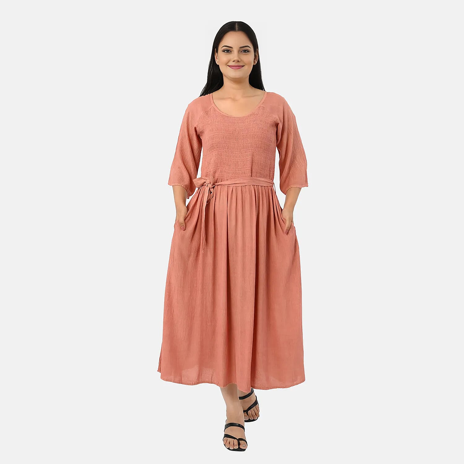 - Maisi Smocked Crepe Midi Dress with Waist Belt and Pockets  (One Size) - Peach