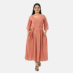 - Maisi Smocked Crepe Midi Dress with Waist Belt and Pockets  (One Size) - Peach