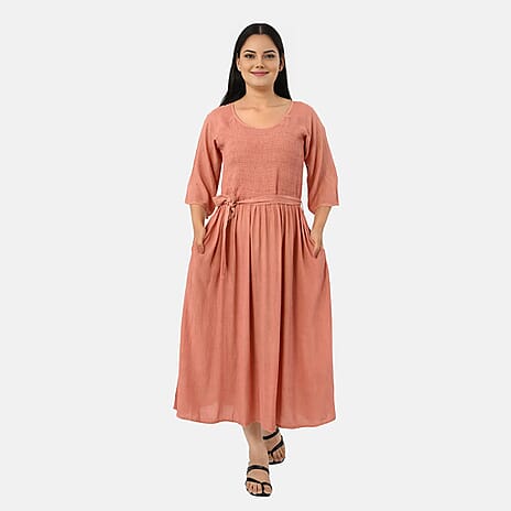 - Maisi Smocked Crepe Midi Dress with Waist Belt and Pockets  (One Size) - Peach