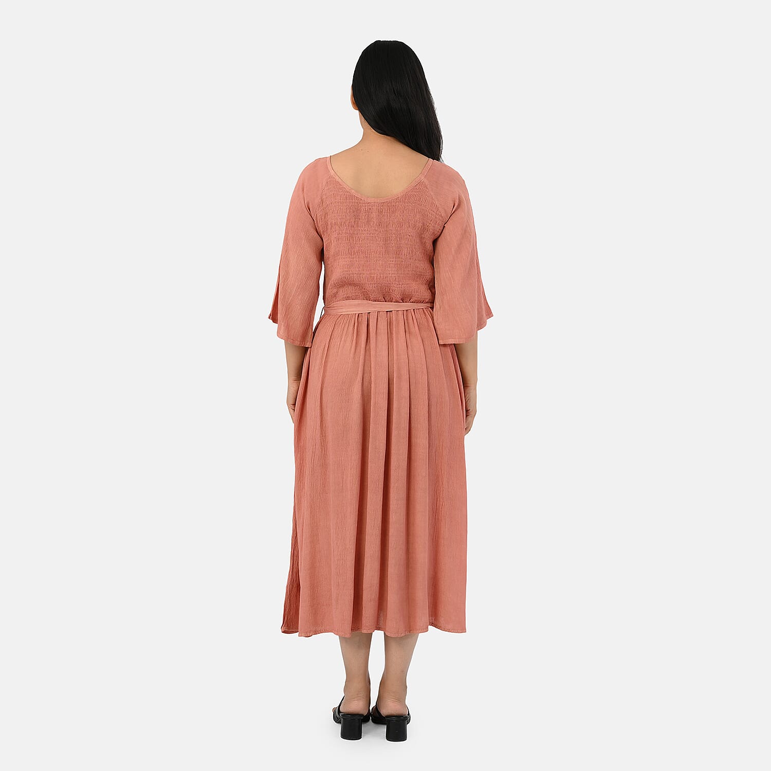 - Maisi Smocked Crepe Midi Dress with Waist Belt and Pockets  (One Size) - Peach