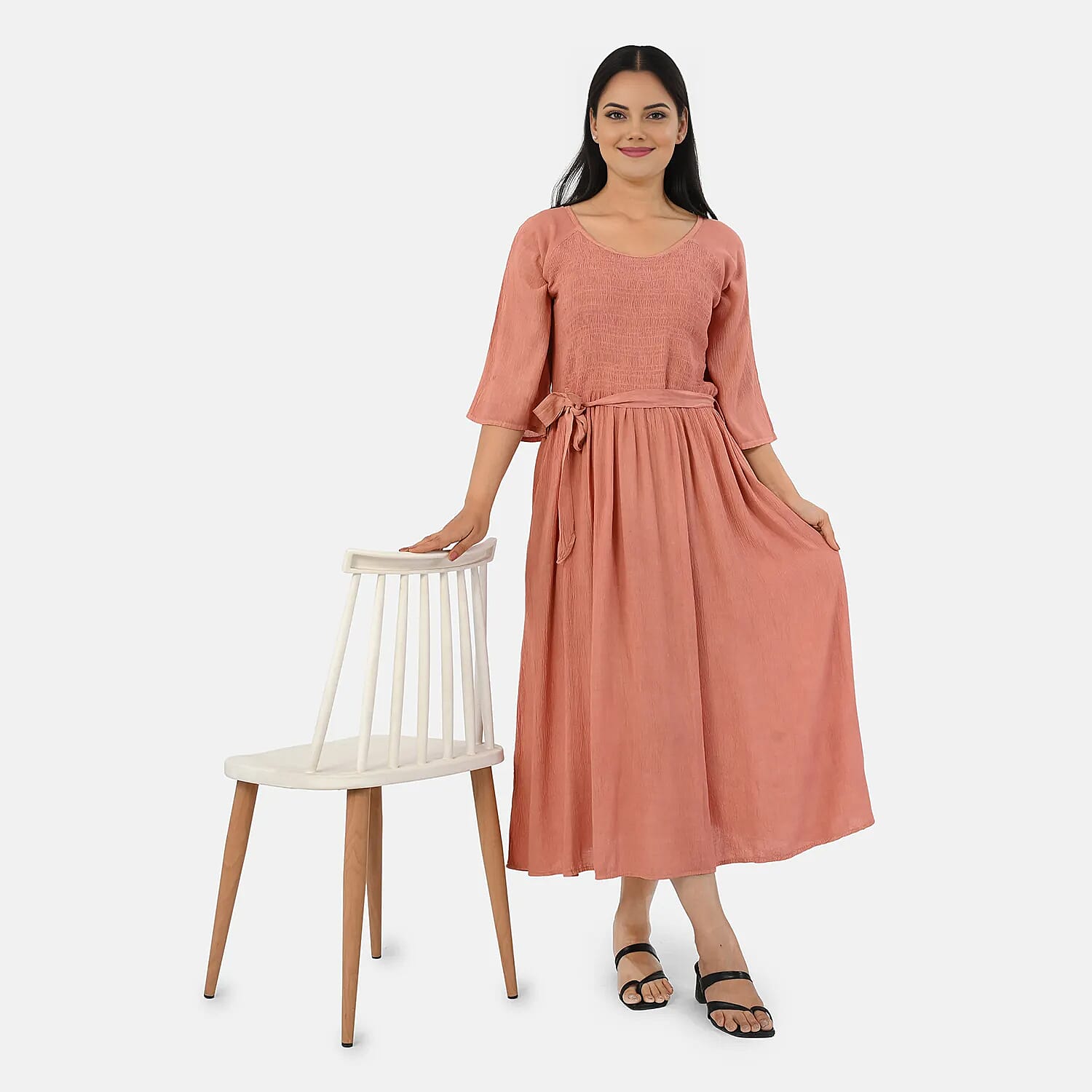 - Maisi Smocked Crepe Midi Dress with Waist Belt and Pockets  (One Size) - Peach