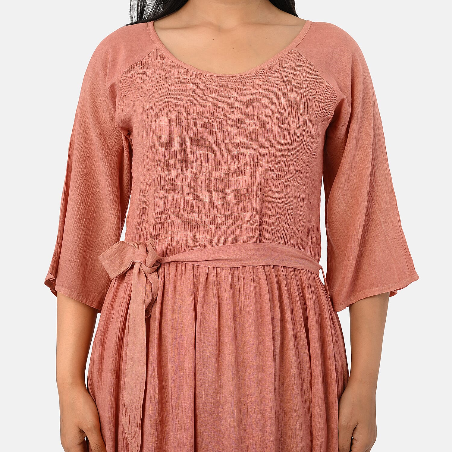 - Maisi Smocked Crepe Midi Dress with Waist Belt and Pockets  (One Size) - Peach