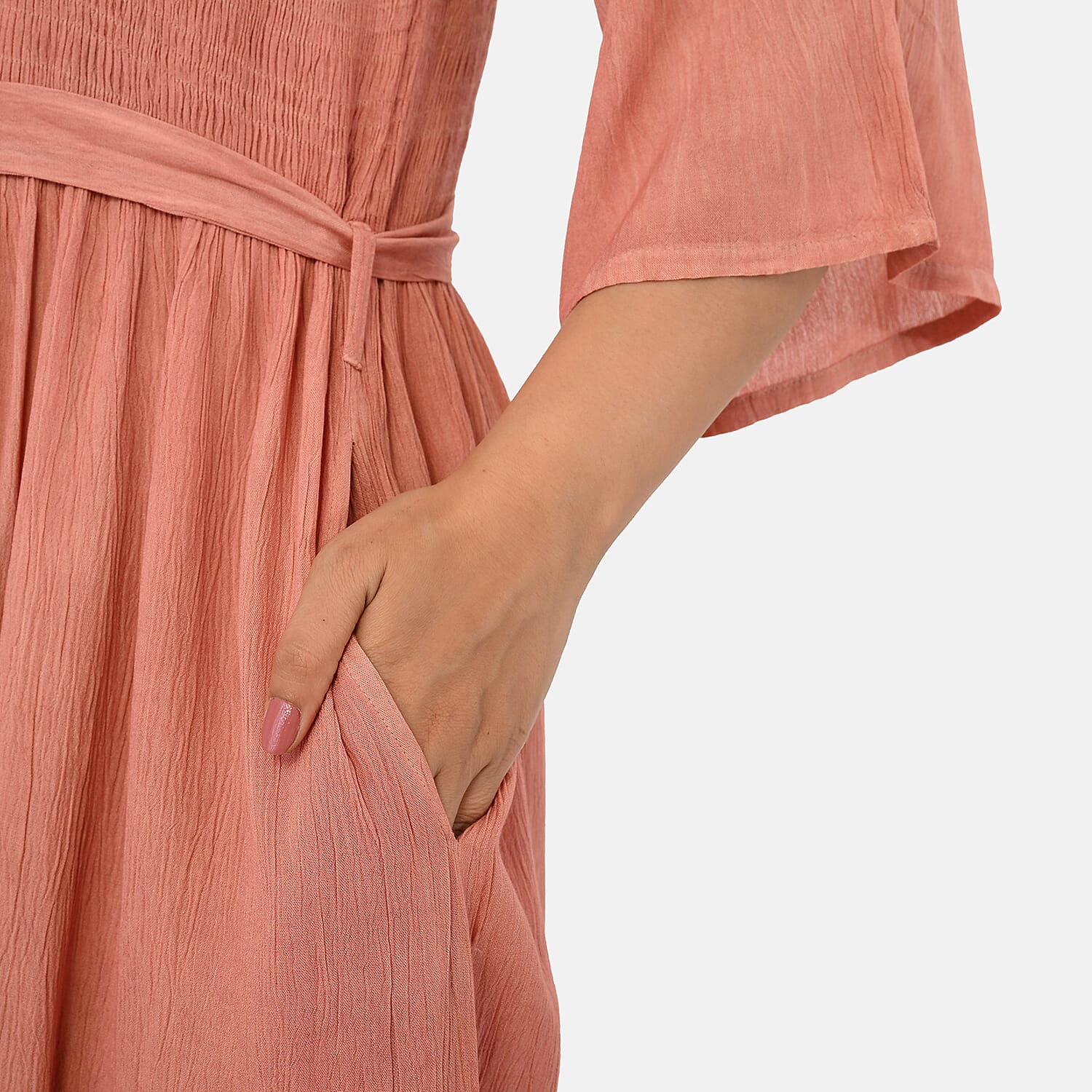 - Maisi Smocked Crepe Midi Dress with Waist Belt and Pockets  (One Size) - Peach