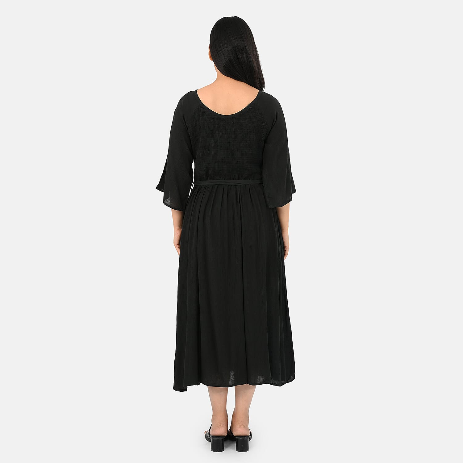 - Maisi Smocked Crepe Midi Dress with Waist Belt and Pockets  (One Size) - Blackberry