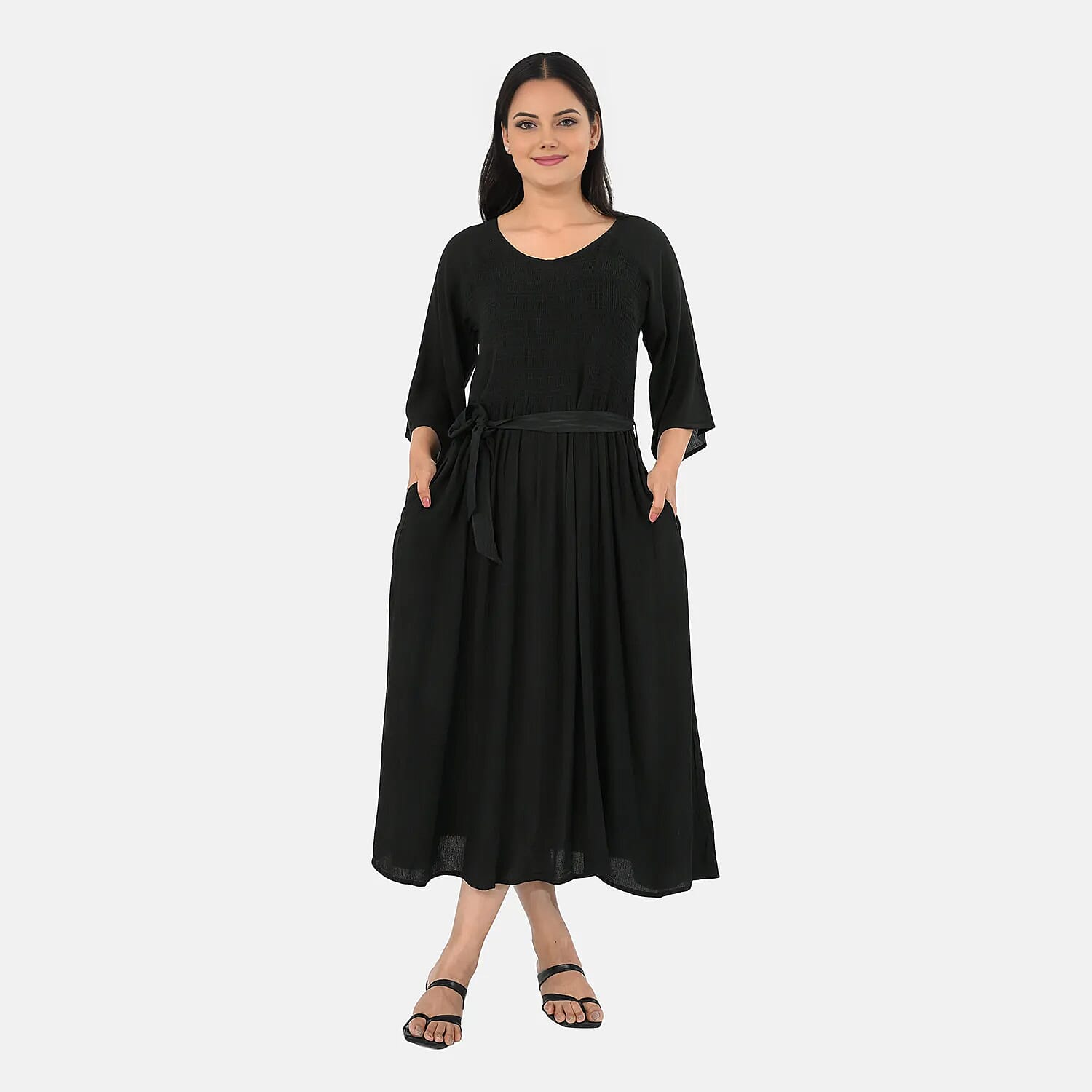- Maisi Smocked Crepe Midi Dress with Waist Belt and Pockets  (One Size) - Blackberry