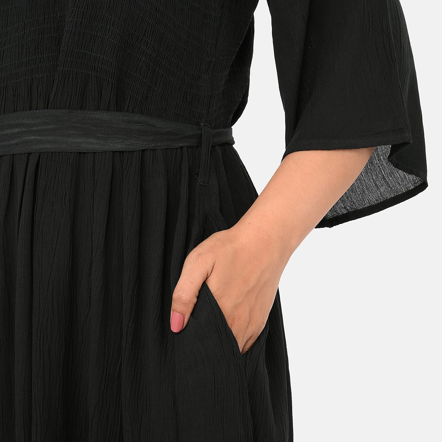 - Maisi Smocked Crepe Midi Dress with Waist Belt and Pockets  (One Size) - Blackberry