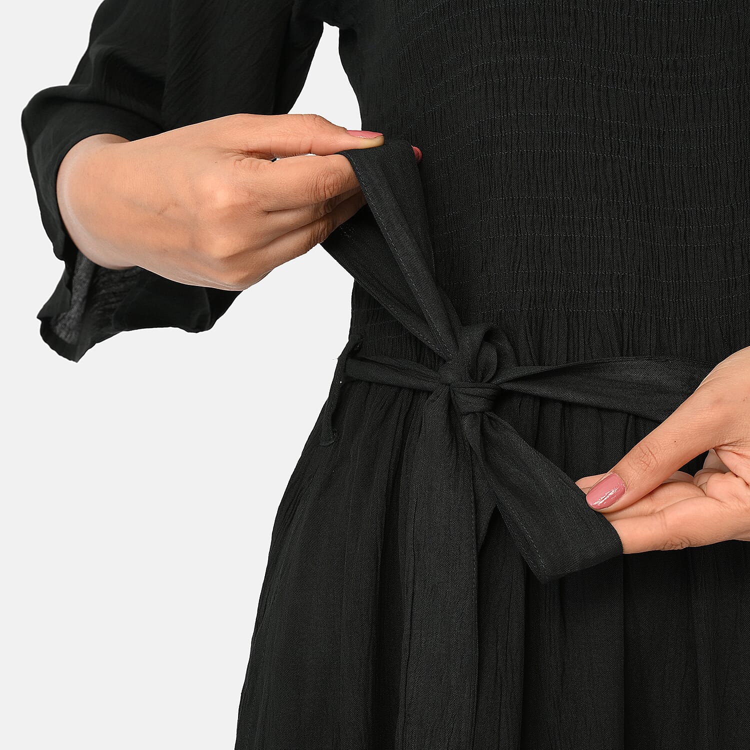 - Maisi Smocked Crepe Midi Dress with Waist Belt and Pockets  (One Size) - Blackberry