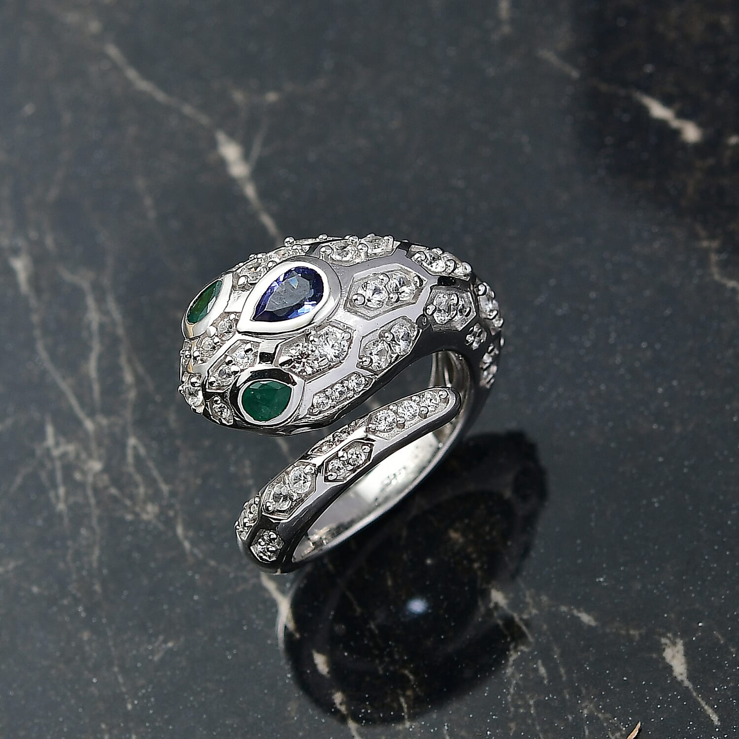 D'Joy Tanzanite, White Zircon & Zambian Emerald Ring in Rhodium Overlay Sterling Silver 2.56 Ct, Silver Wt. 6.21 Gms.