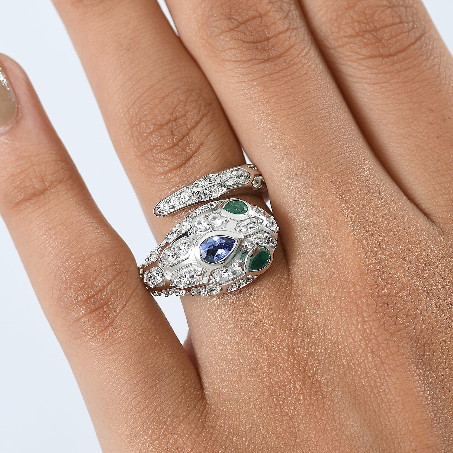 D'Joy Tanzanite, White Zircon & Zambian Emerald Ring in Rhodium Overlay Sterling Silver 2.56 Ct, Silver Wt. 6.21 Gms.