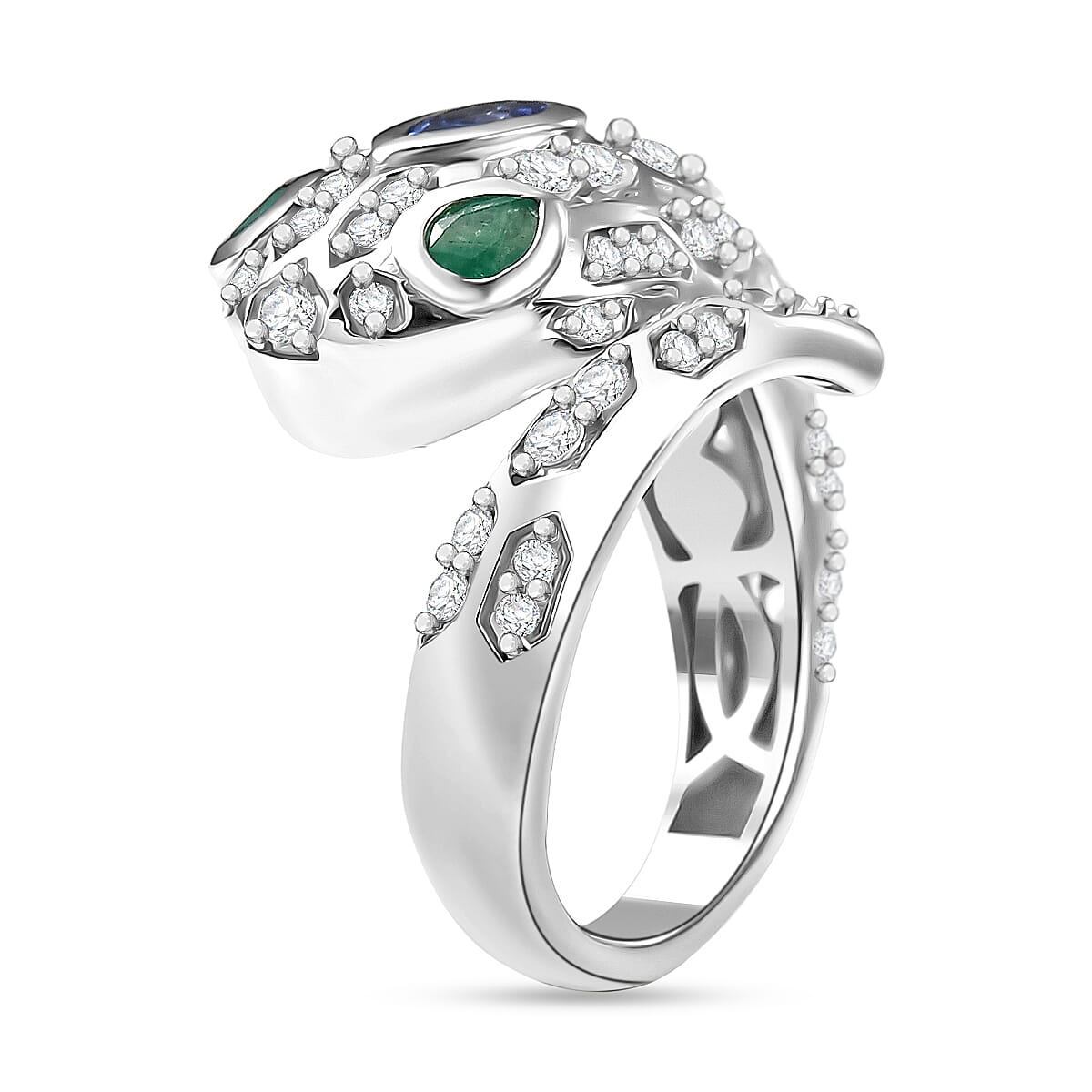 D'Joy Tanzanite, White Zircon & Zambian Emerald Ring in Rhodium Overlay Sterling Silver 2.56 Ct, Silver Wt. 6.21 Gms.