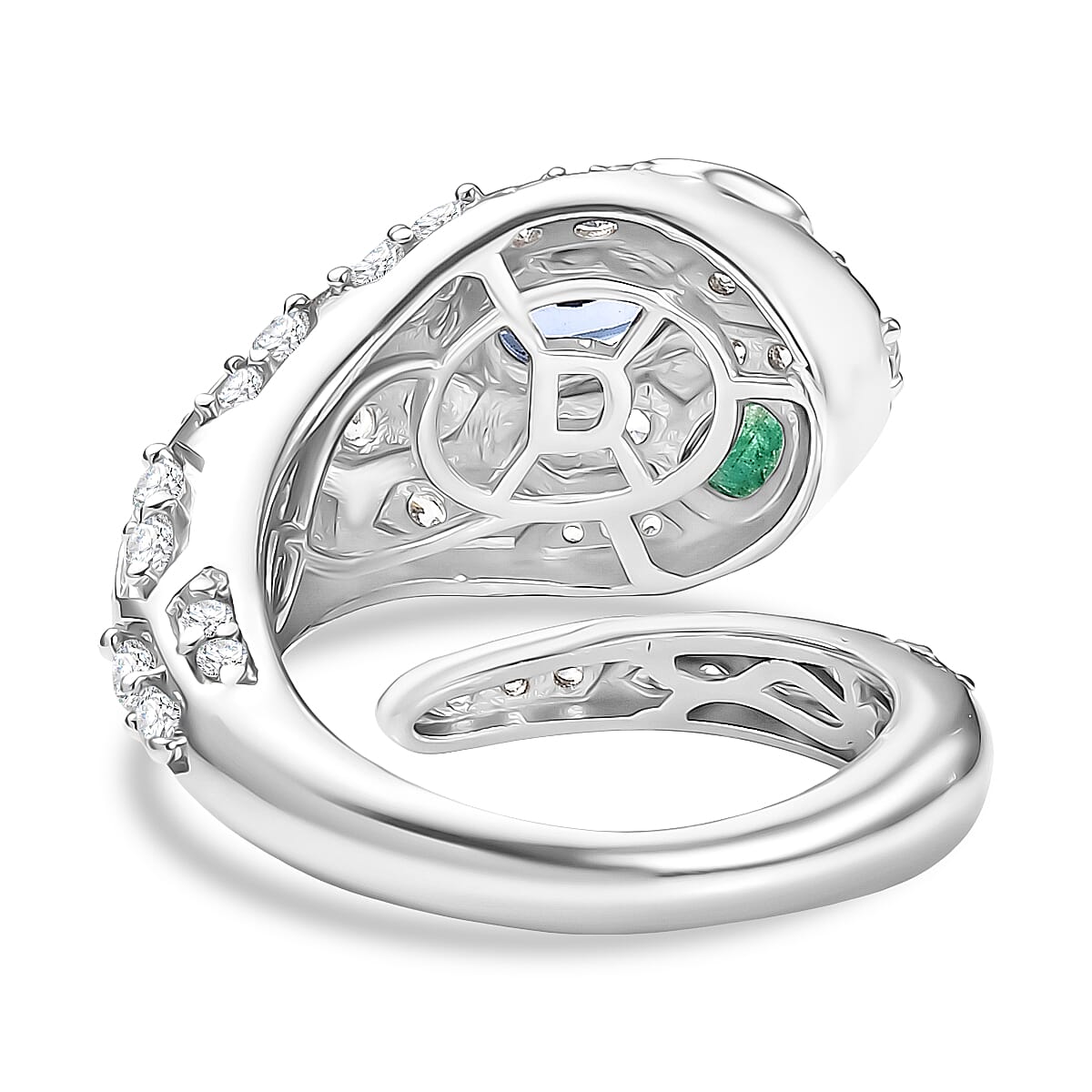 D'Joy Tanzanite, White Zircon & Zambian Emerald Ring in Rhodium Overlay Sterling Silver 2.56 Ct, Silver Wt. 6.21 Gms.