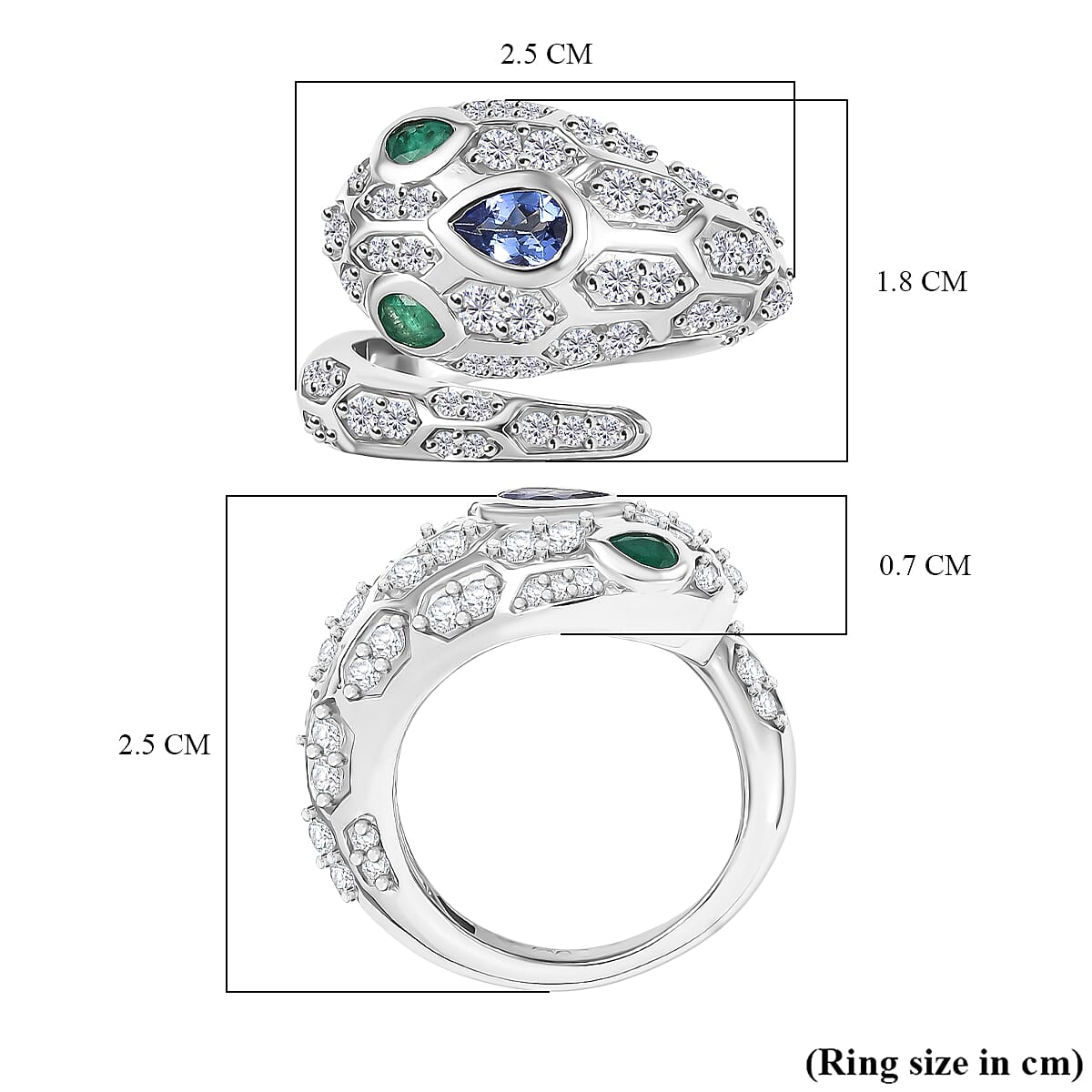 D'Joy Tanzanite, White Zircon & Zambian Emerald Ring in Rhodium Overlay Sterling Silver 2.56 Ct, Silver Wt. 6.21 Gms.