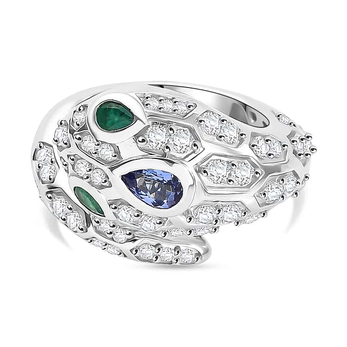 D'Joy Tanzanite, White Zircon & Zambian Emerald Serpentine Ring in Rhodium Overlay Sterling Silver 2.56 Ct.