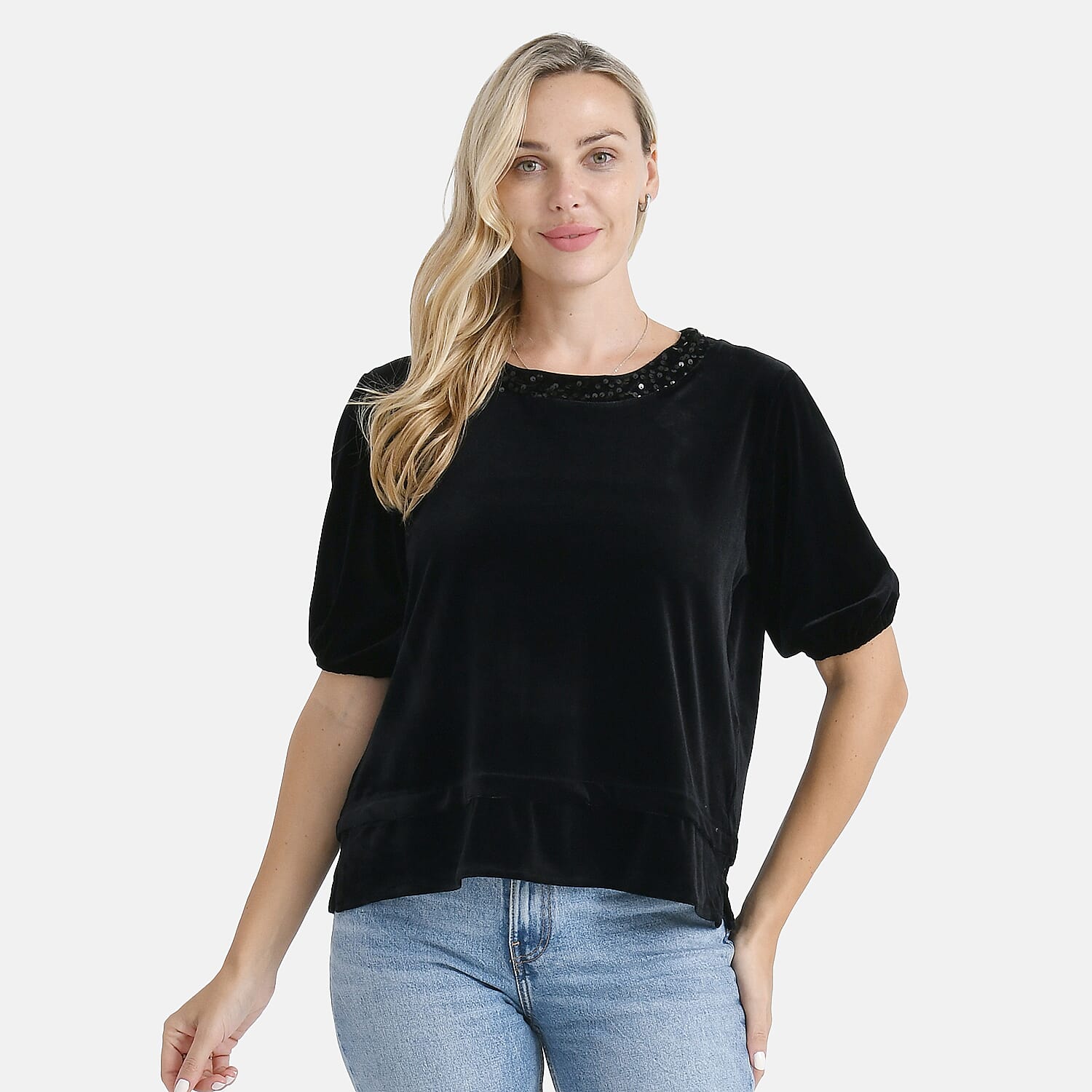 &amp; Maisi Velvet Sequined Round-Neck Top 