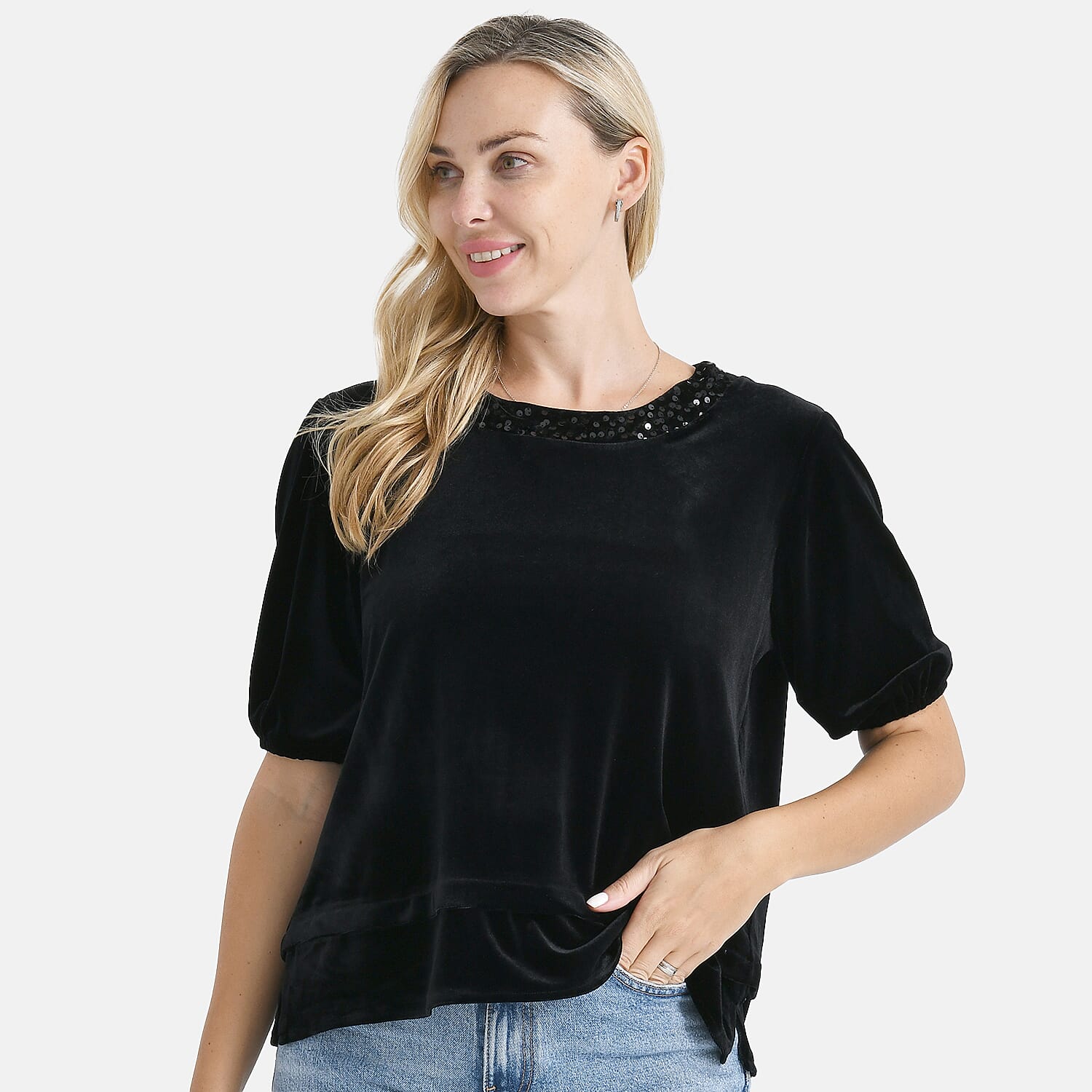 &amp; Maisi Velvet Sequined Round-Neck Top 