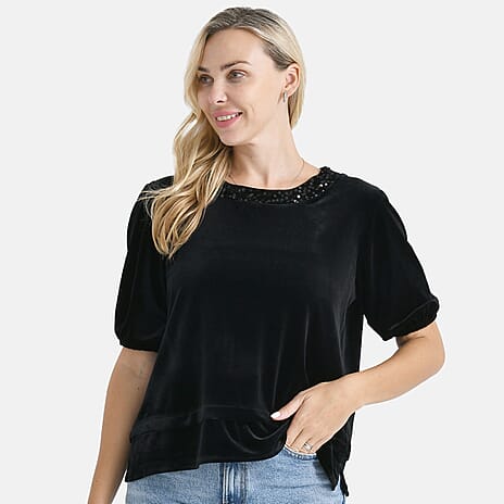 - Maisi Velvet Sequined Round-Neck Top (Size M) - Black