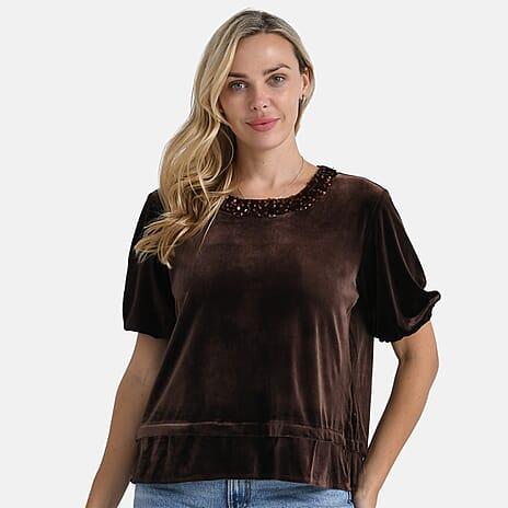 BLACK FRIDAY MEGA LAUNCH - - Maisi Valissiere Velvet Sequined Round-Neck Top (Size M) - Brown