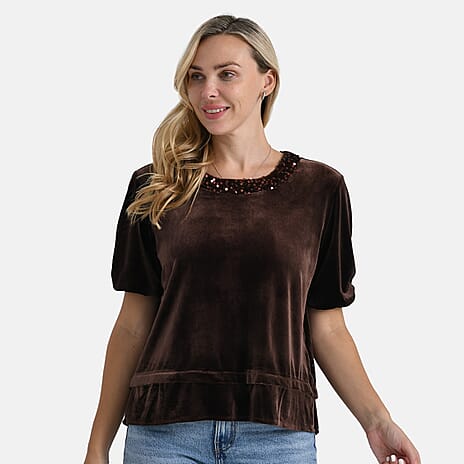 BLACK FRIDAY MEGA LAUNCH - - Maisi Valissiere Velvet Sequined Round-Neck Top (Size M) - Brown