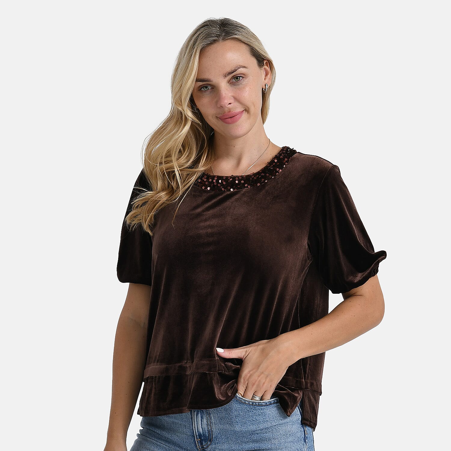 &amp; Maisi Velvet Sequined Round-Neck Top&nbsp;