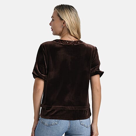 - Maisi Velvet Sequined Round-Neck Top (Size XL) - Brown