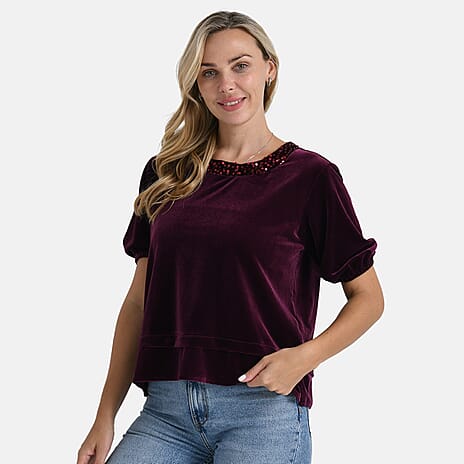 - Maisi Velvet Sequined Round-Neck Top (Size M) - Red