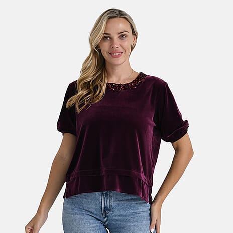 - Maisi Velvet Sequined Round-Neck Top (Size XL) - Red