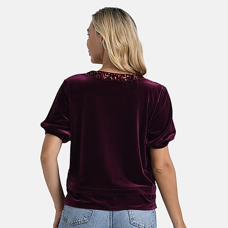 - Maisi Velvet Sequined Round-Neck Top (Size XL) - Red