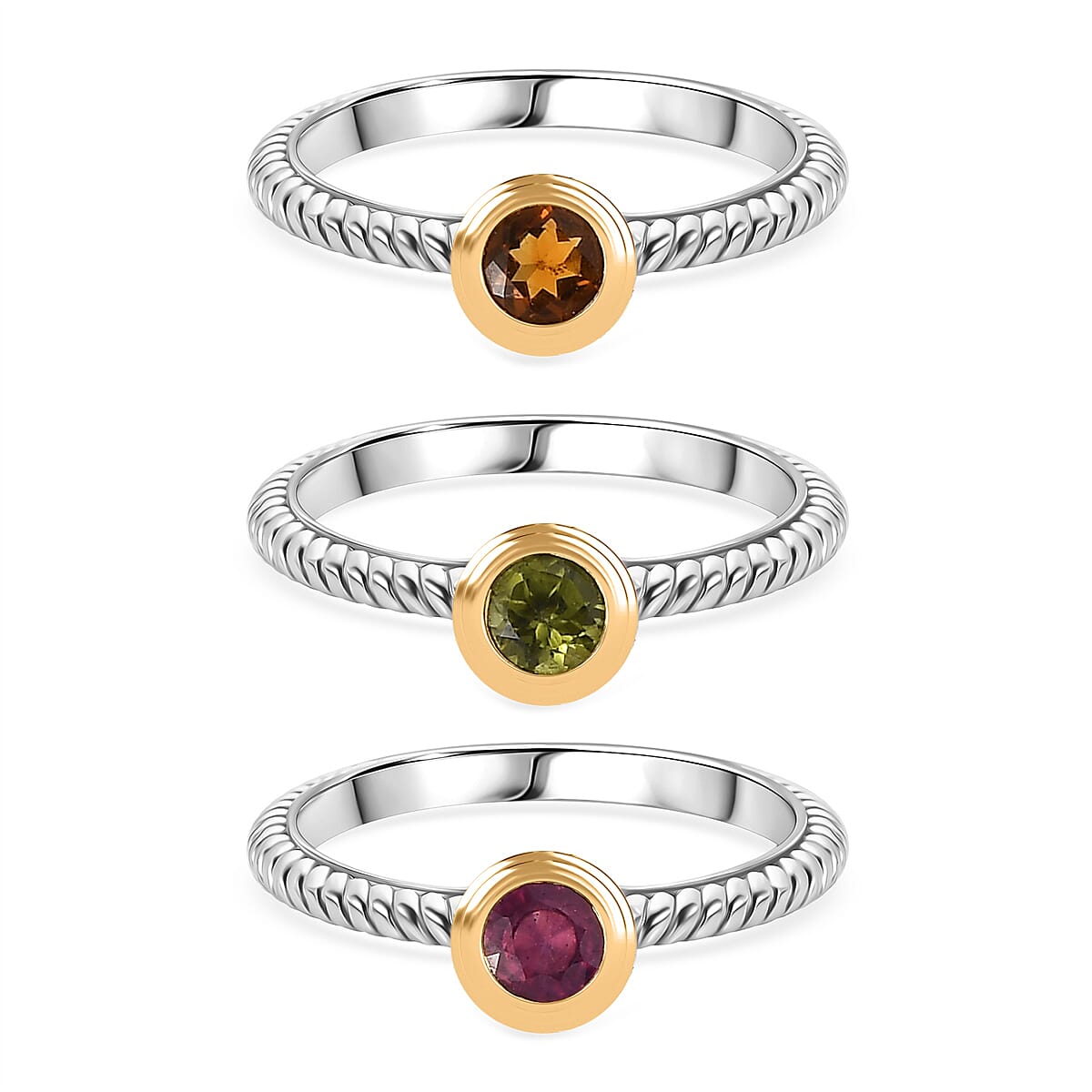 Serra Gaucha, Peridot, Madeira Citrine & African Ruby Stackable Ring in Yellow Gold Plated & Platinum Overlay Sterling Silver, Silver Wt. 5.86 Gms.