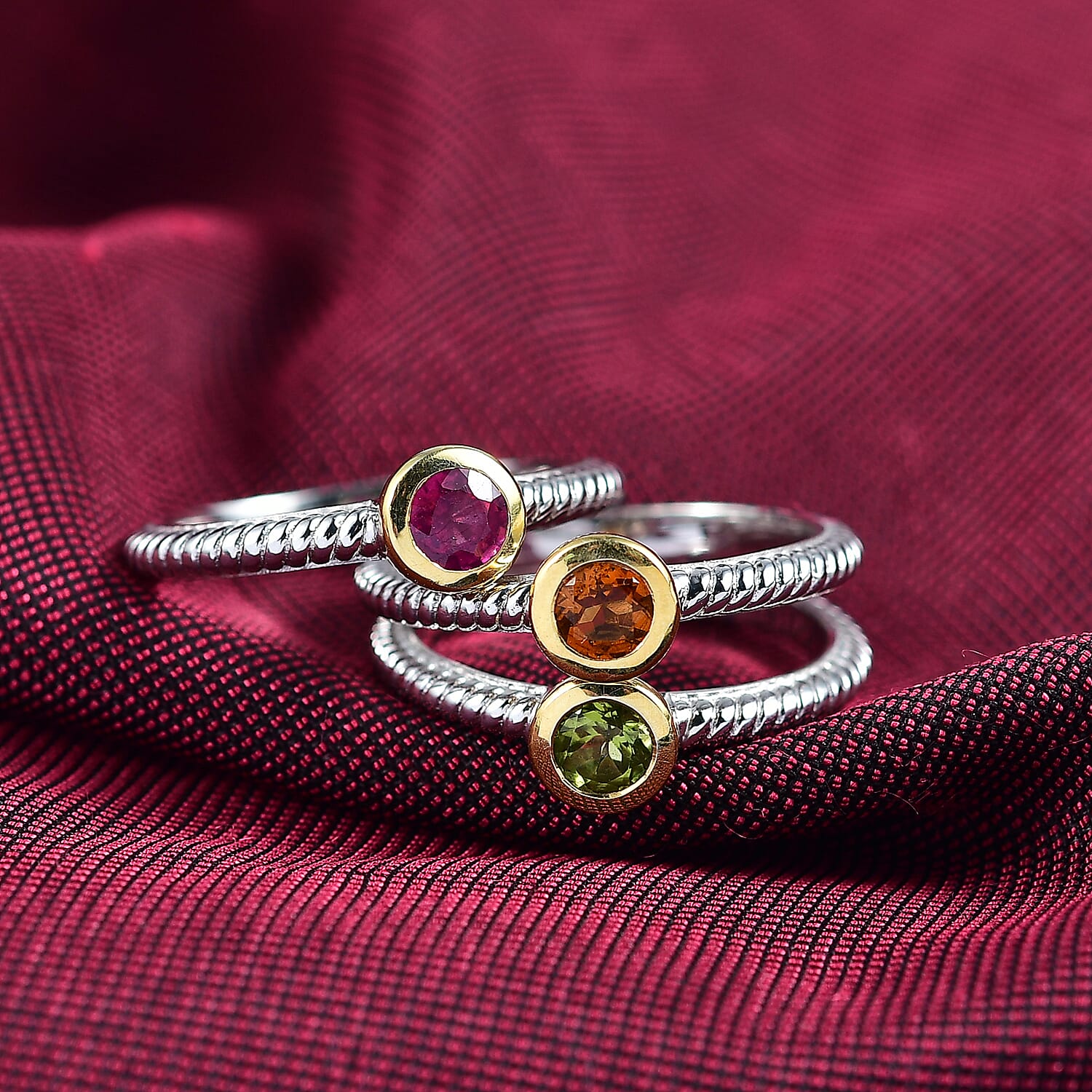 Serra Gaucha, Peridot, Madeira Citrine & African Ruby Stackable Ring in Yellow Gold Plated & Platinum Overlay Sterling Silver, Silver Wt. 5.86 Gms.
