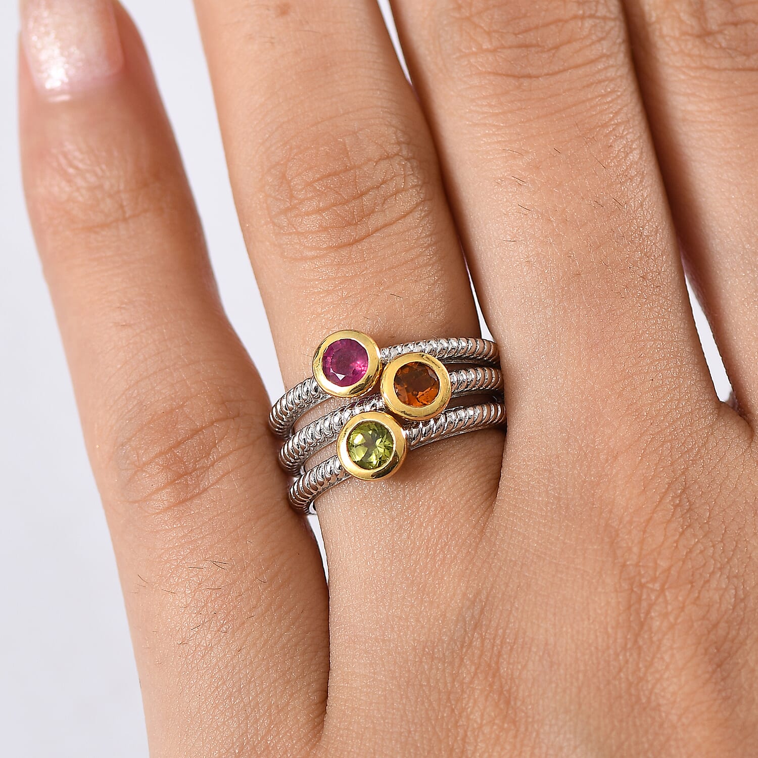 Serra Gaucha, Peridot, Madeira Citrine & African Ruby Stackable Ring in Yellow Gold Plated & Platinum Overlay Sterling Silver, Silver Wt. 5.86 Gms.