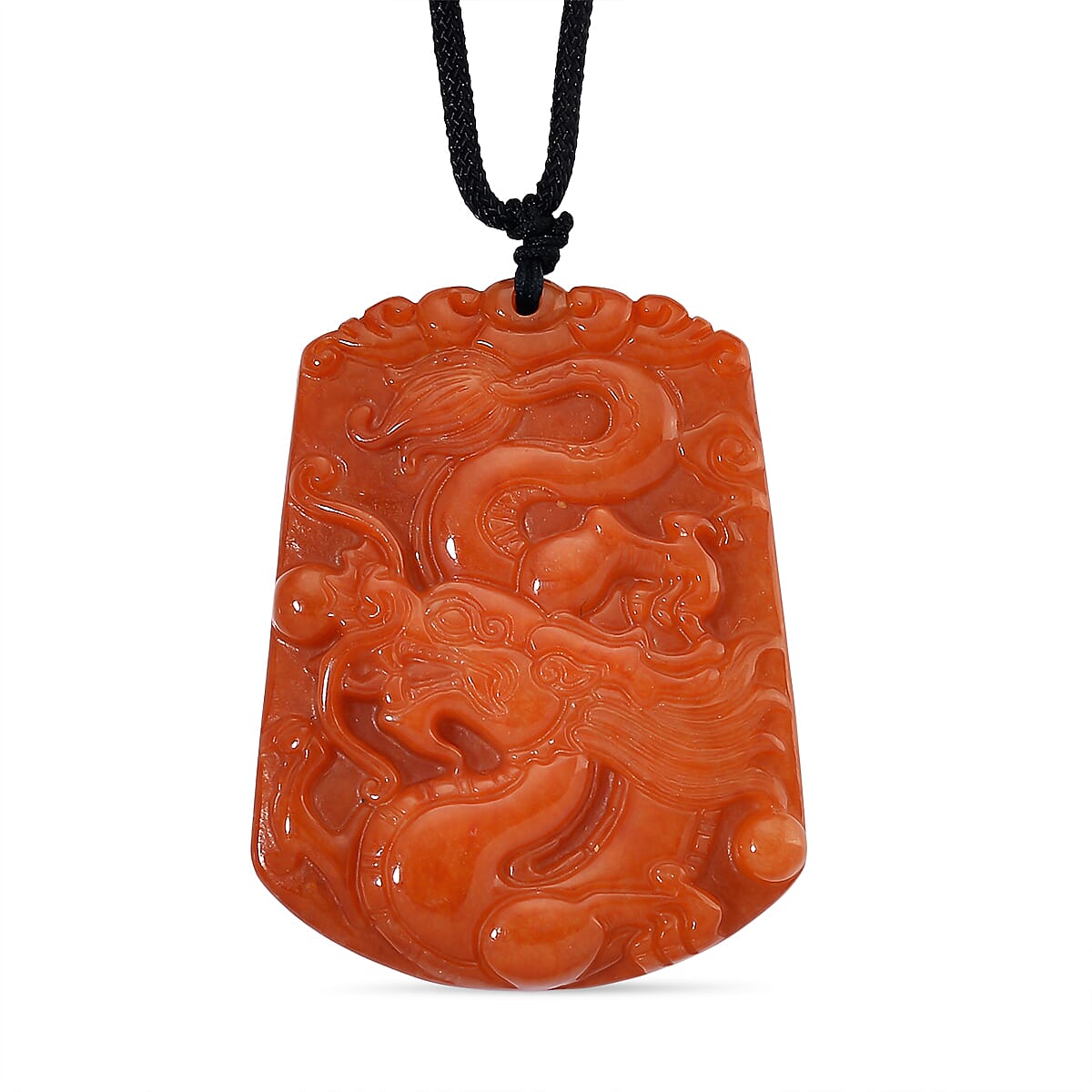 Red Jade Stone Dragon Necklace with Black Cord (Size 30 Adjustable) 210.00 Ct.