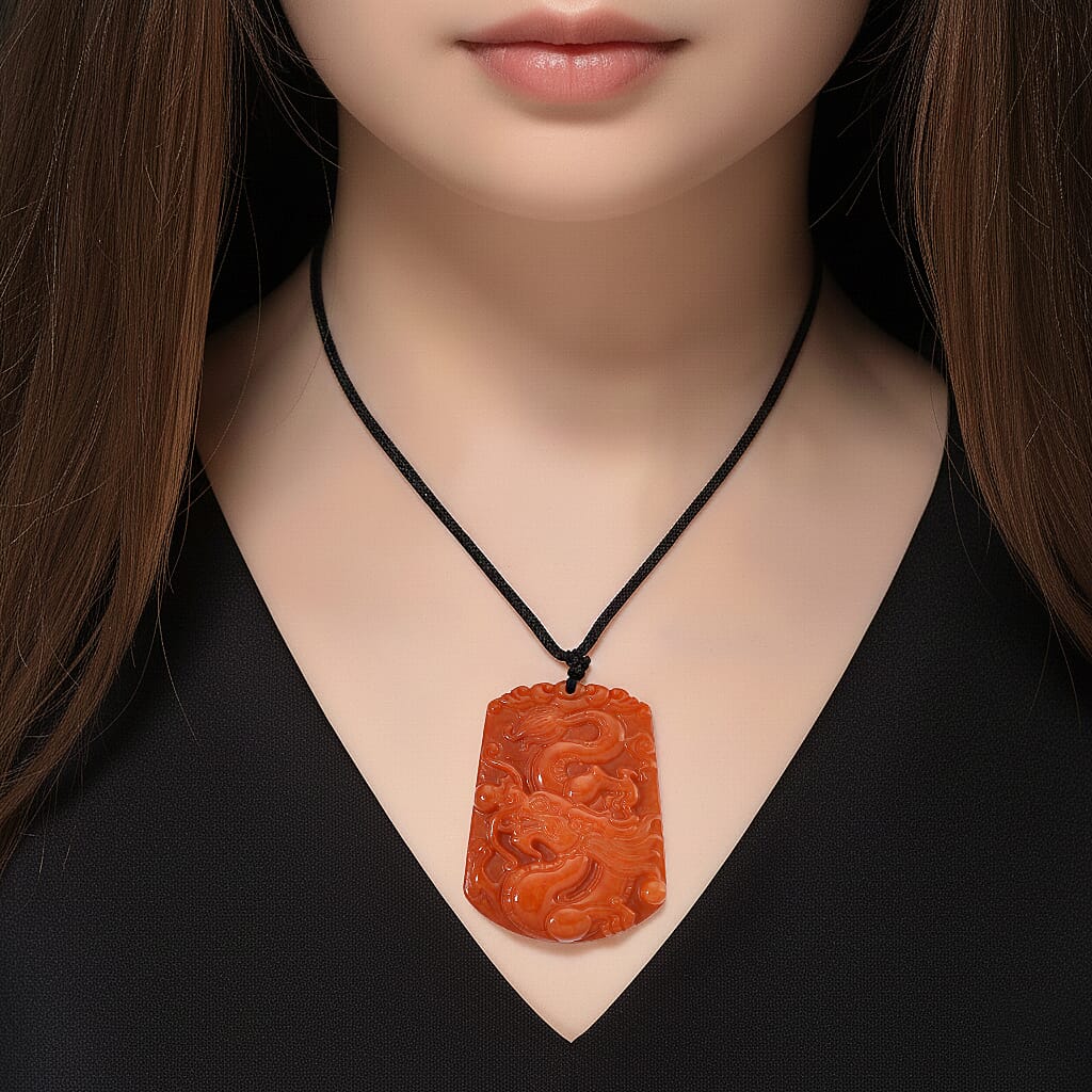 Red Jade Stone Dragon Necklace with Black Cord (Size 30 Adjustable) 210.00 Ct.