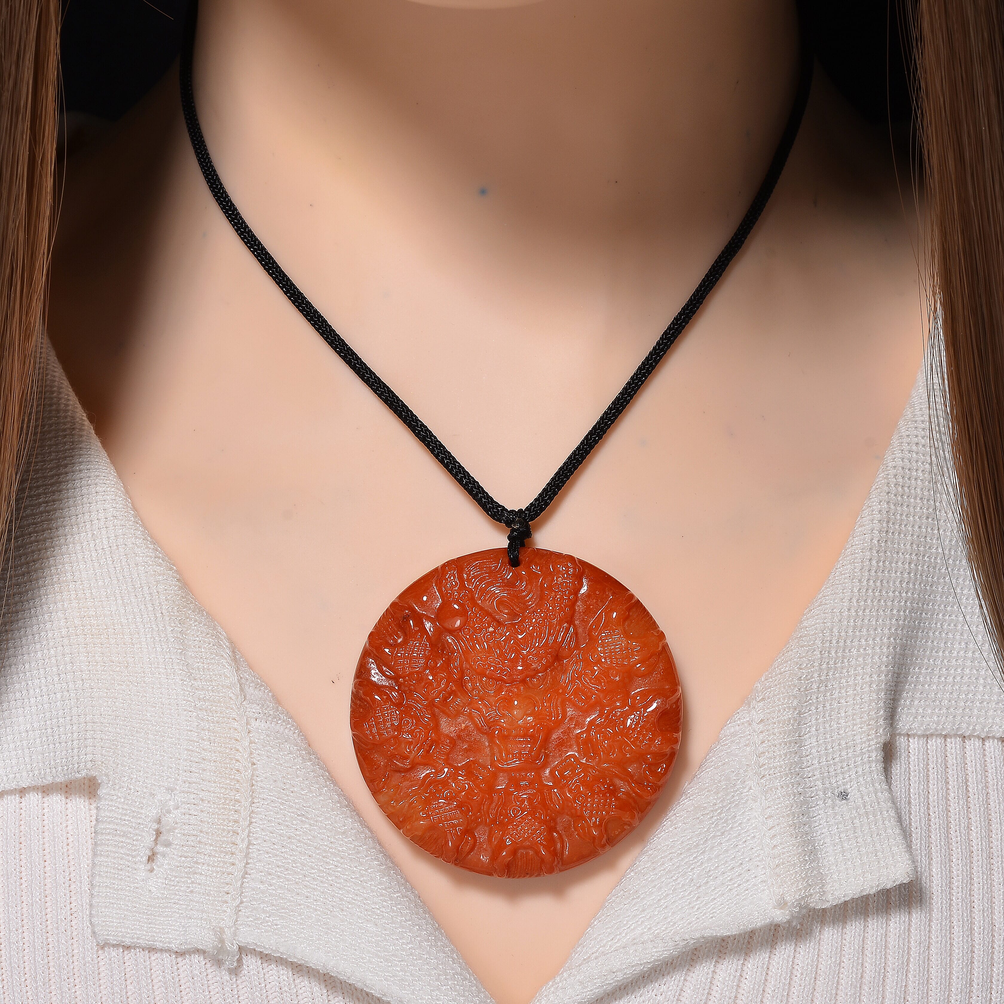 Red Jade Carved Dragon Necklace 250.00 Ct.