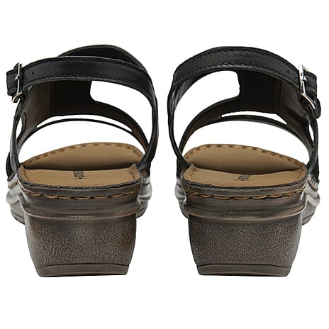 Dunlop Women's Blair Leather Wedge Open - Toe Sandal (Size 5) - Black