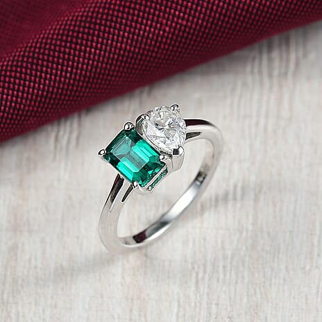 Lab Grown Emerald & Moissanite Ring in Rhodium Overlay Sterling Silver 1.69 Ct.