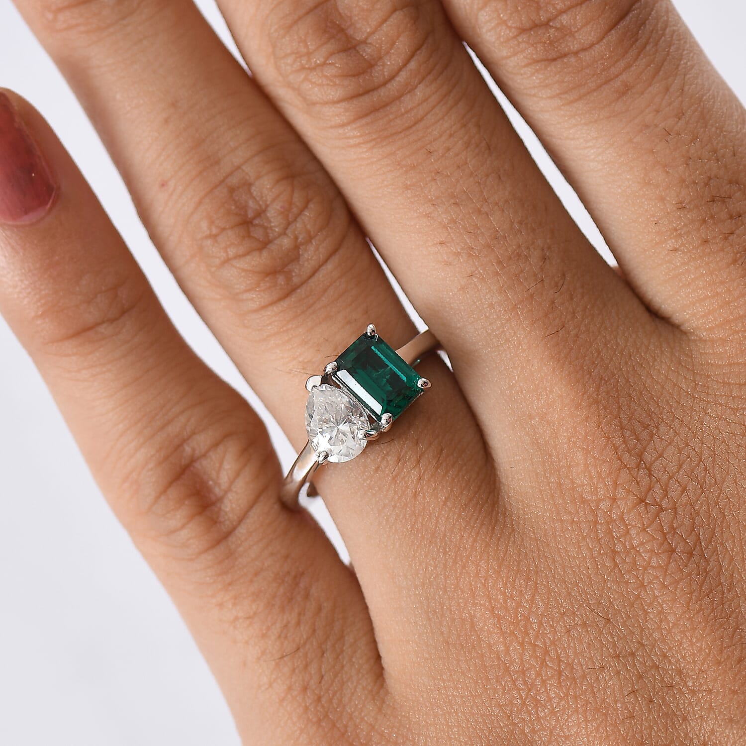 Lab Grown Emerald & Moissanite Ring in Rhodium Overlay Sterling Silver 1.69 Ct.