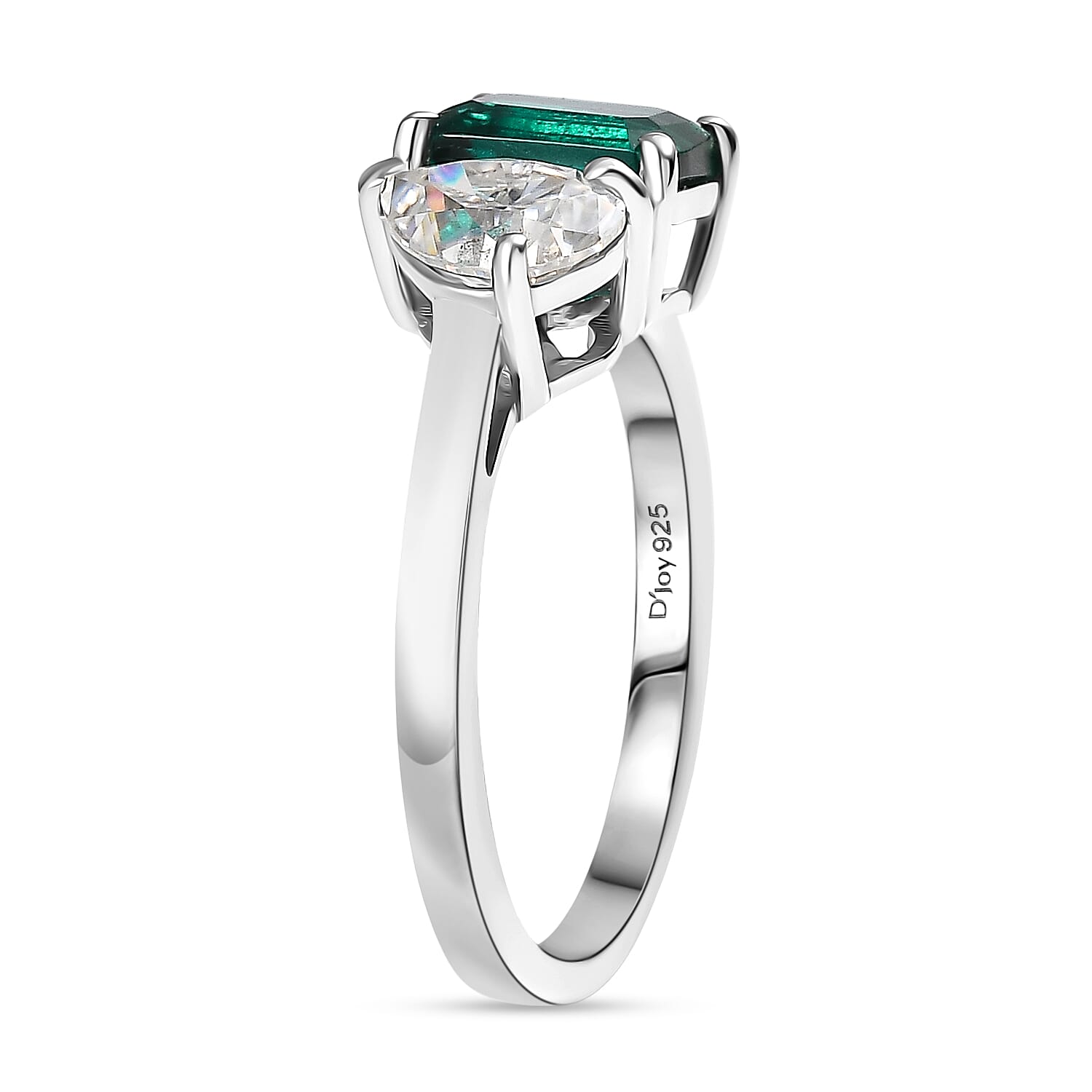 Lab Grown Emerald & Moissanite Ring in Rhodium Overlay Sterling Silver 1.69 Ct.
