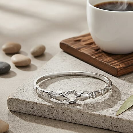 Biacco Collection - Austrian White Crystal & Austrian Black Crystal Bangle (Size 7.5) in White Gold Plated