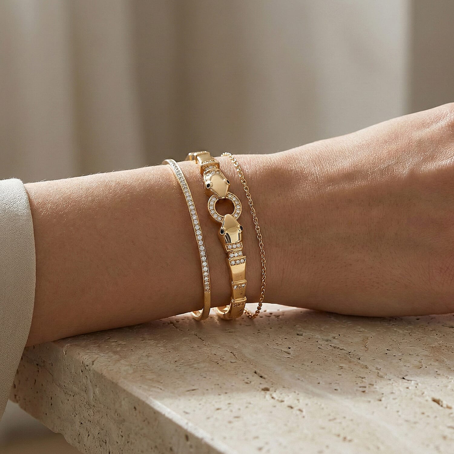 Biacco Collection - Austrian White Crystal & Austrian Black Crystal Bangle (Size 7.5) in Yellow Gold Plated