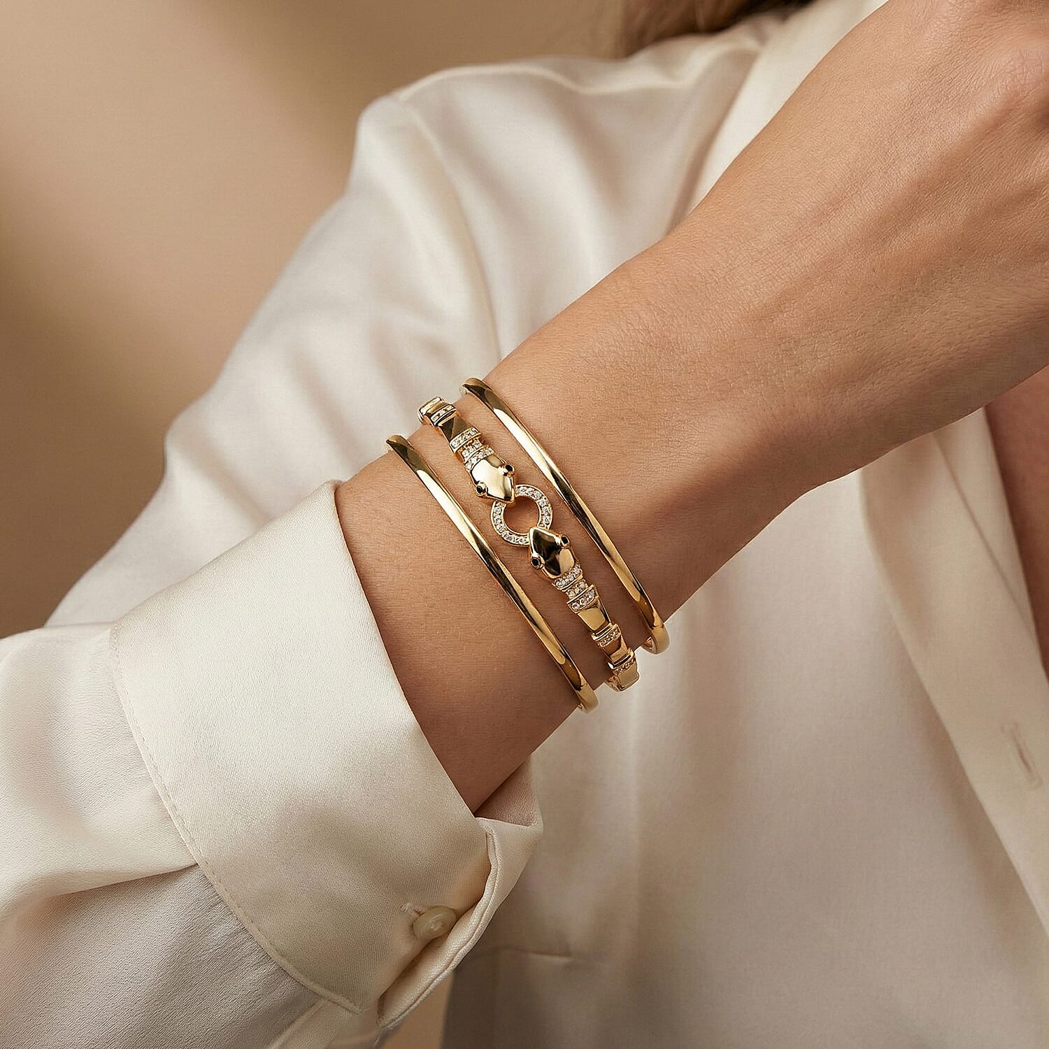 Biacco Collection - Austrian White Crystal & Austrian Black Crystal Bangle (Size 7.5) in Yellow Gold Plated