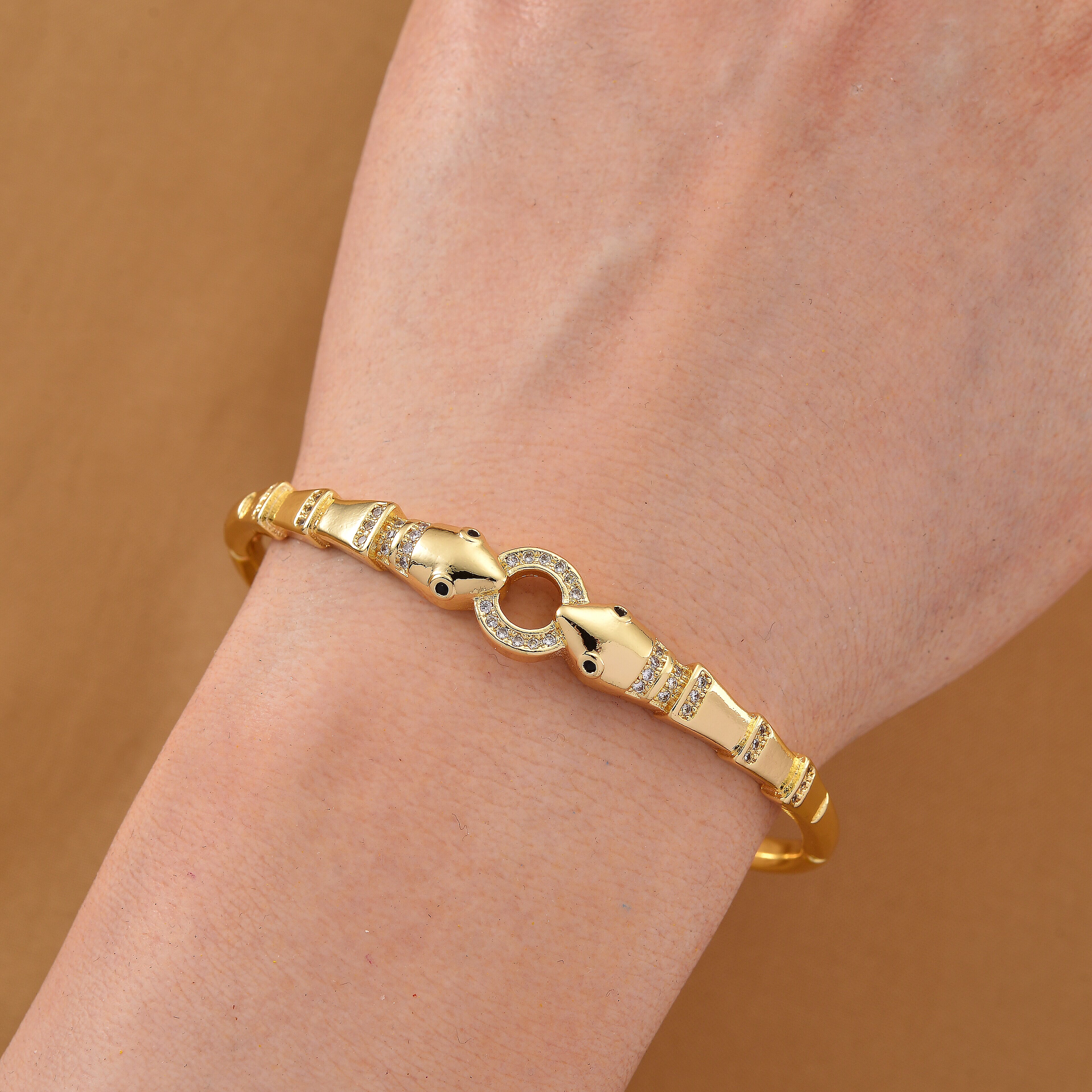 Biacco Collection - Austrian White Crystal & Austrian Black Crystal Bangle (Size 7.5) in Yellow Gold Plated