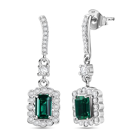 Lab Grown Emerald & White Zircon Dangling Earring in Rhodium Overlay Sterling Silver 1.68 Ct.