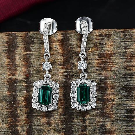 Lab Grown Emerald & White Zircon Dangling Earring in Rhodium Overlay Sterling Silver 1.68 Ct.