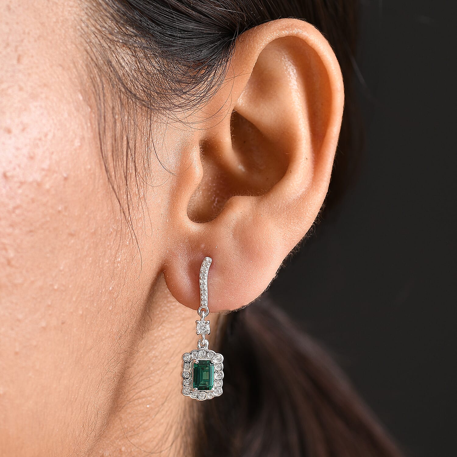 Lab Grown Emerald & White Zircon Dangling Earring in Rhodium Overlay Sterling Silver 1.68 Ct.