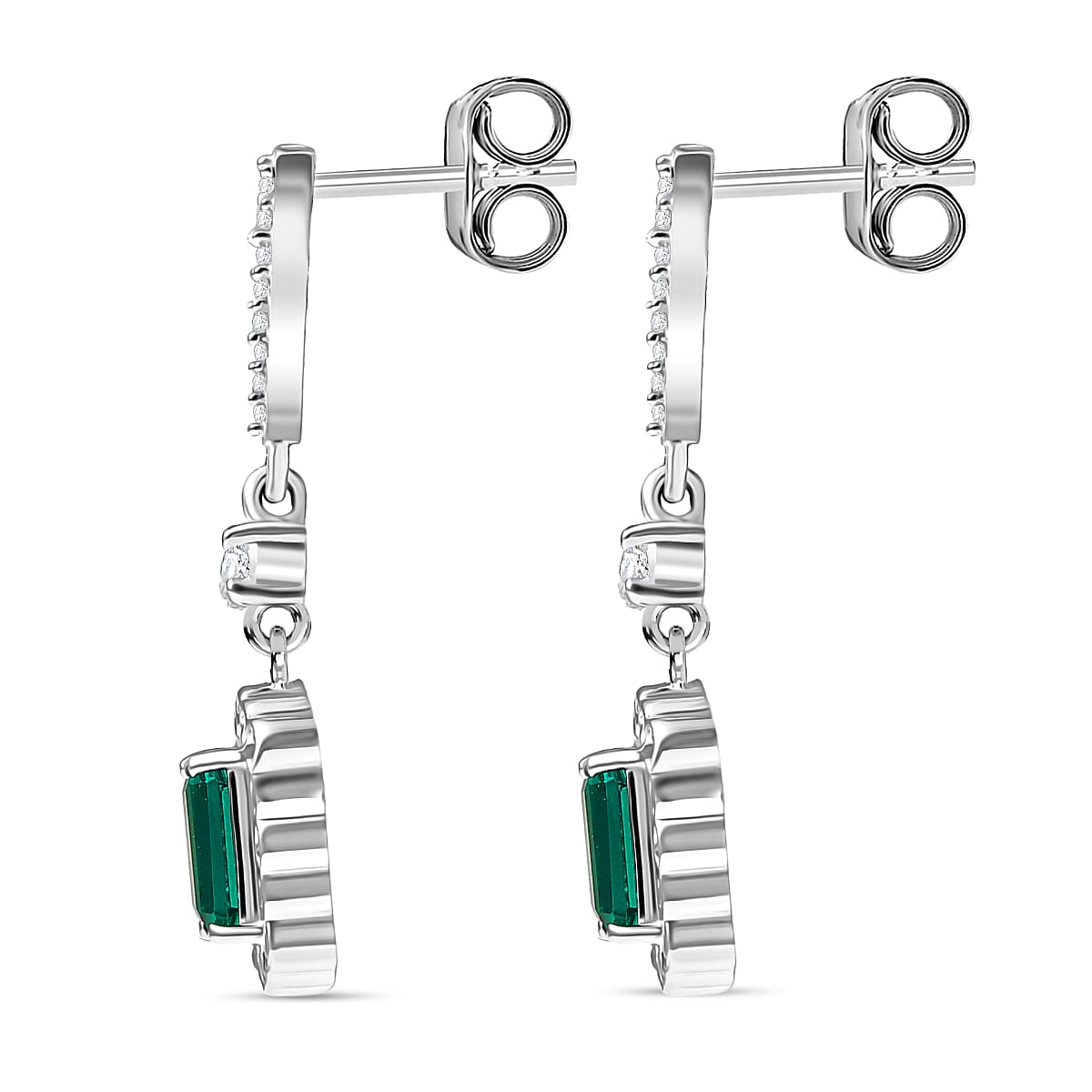 Lab Grown Emerald & White Zircon Dangling Earring in Rhodium Overlay Sterling Silver 1.68 Ct.