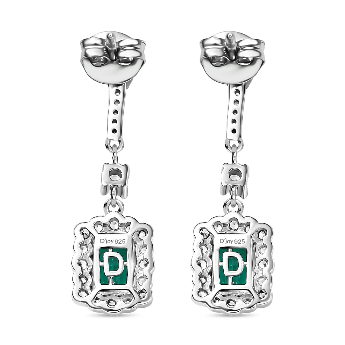 Lab Grown Emerald & White Zircon Dangling Earring in Rhodium Overlay Sterling Silver 1.68 Ct.