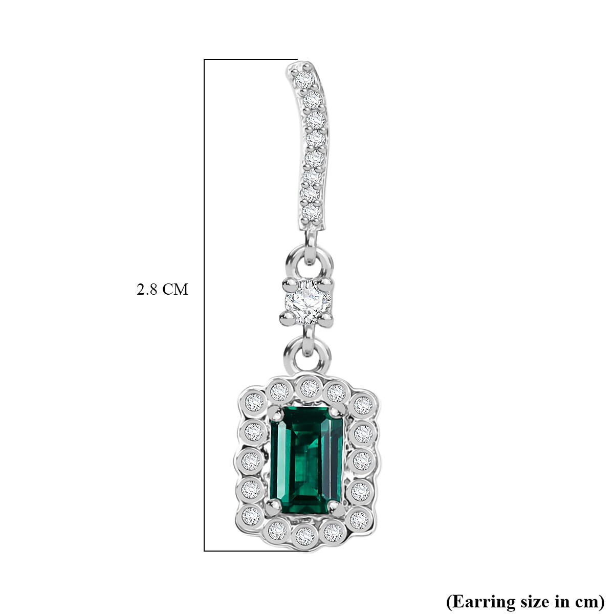 Lab Grown Emerald & White Zircon Dangling Earring in Rhodium Overlay Sterling Silver 1.68 Ct.