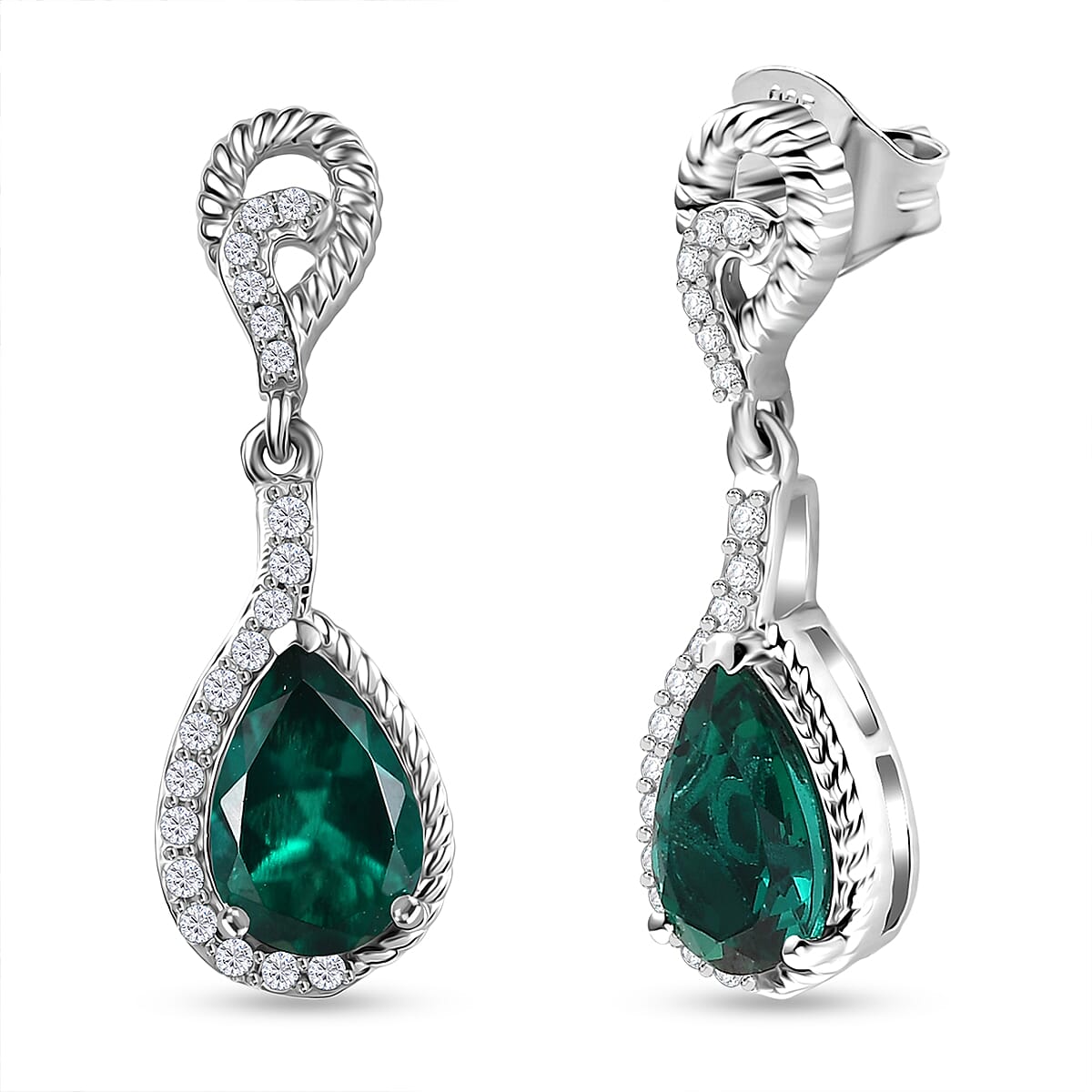Lab Grown Emerald & White Zircon Dangling Earring in Rhodium Overlay Sterling Silver 2.62 Ct.